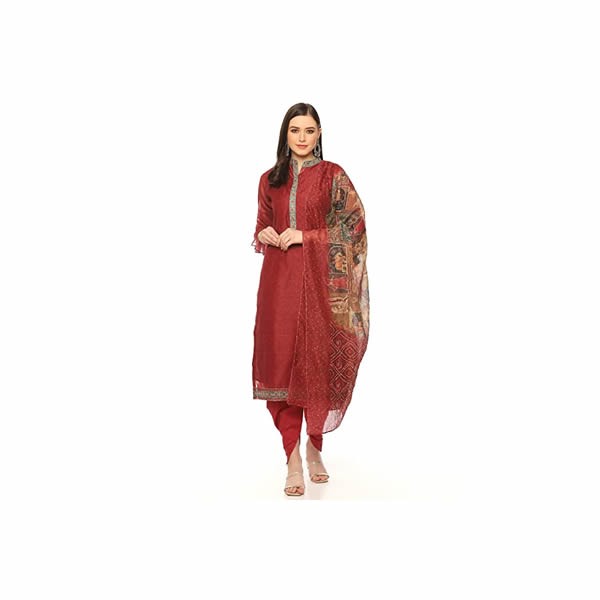 Women's Maroon Chanderi Machine Embroidered Unstitched Suit Set 0