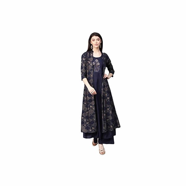 Women's Rayon Navy Blue Embroidered Anarkali Kurta Palazzo Set With Jacket