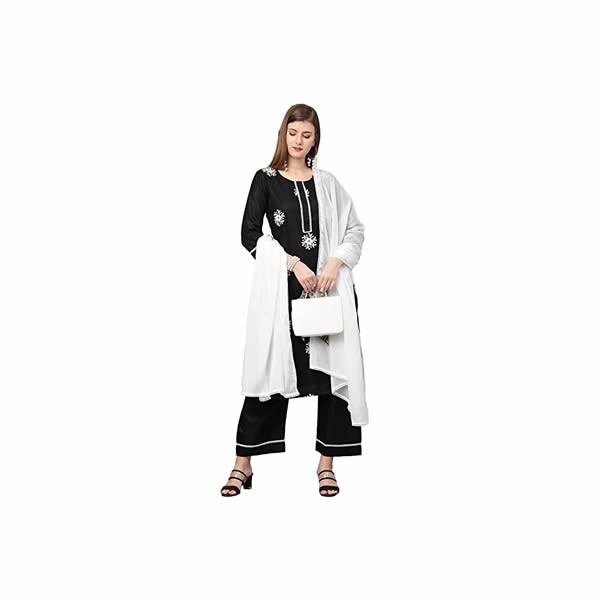 Women's Cotton Blend Straight Kurta with Palazzo & Dupatta (Saadgi)