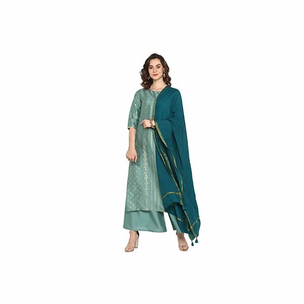 Women's Light Green Poly Silk Straight Kurta With Palazzo and Dupatta