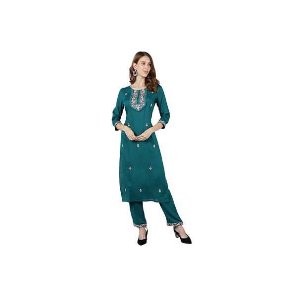 Womens Rayon Solid Straight Kurta Pant Set (Turquoise)