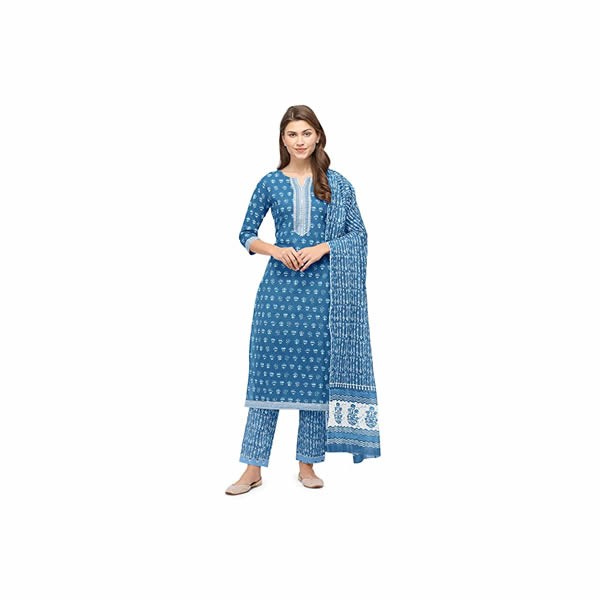 Women's Straight Fit Cotton Kurta with Trouser Pants and Dupatta