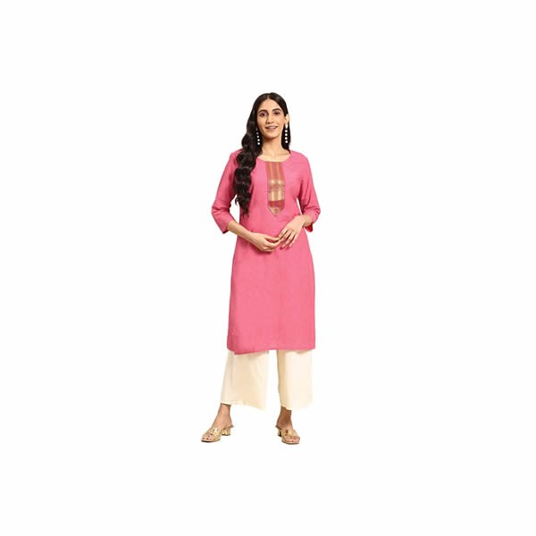 Women 100% Cotton Zari Tape Placket Knee Length Straight Kurti