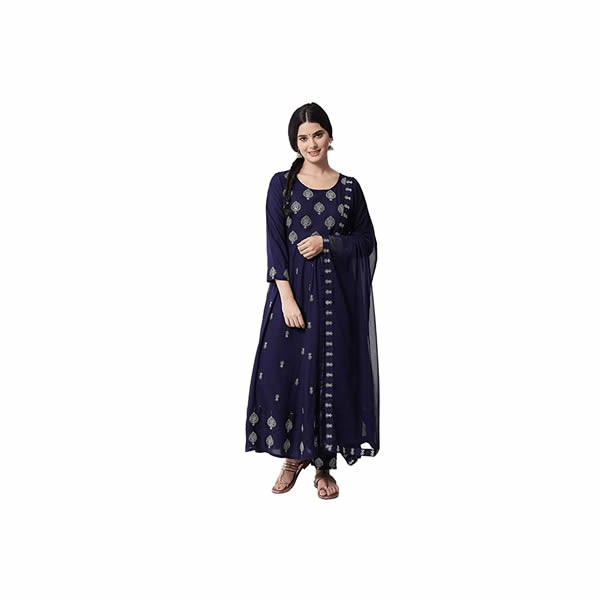 Women Printed Pleated Kurta with Trousers & with Dupatta