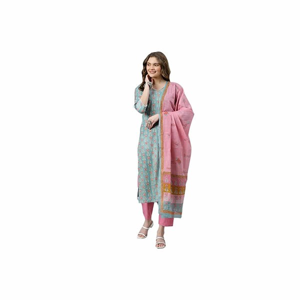 Women’s Cotton Readymade Salwar Suit Set. Printed Straight Kurti Pant Dupatta Set Latest