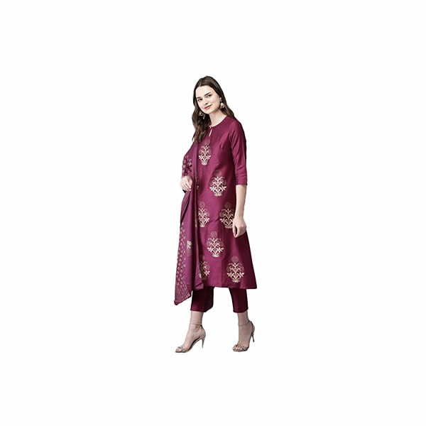 Women's Cotton Regular Kurta with Pant & Dupatta (Wine)-P