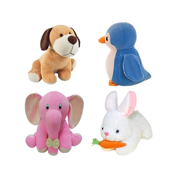Future shop Pack of 4 Elegant Soft Toys Combo Set Appu Elephant (25 cm), Penguin(20 cm), White Rabbit(28 cm), Setting Dog Mini (25cm) for Kids