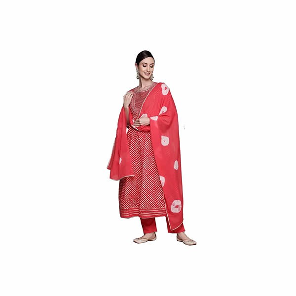 Women's Red Embroidered Anarkali Kurta set with Trouser & Dupatta