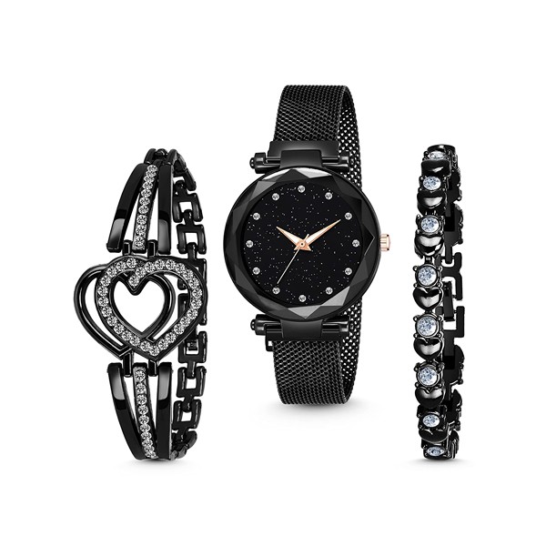MARCLEX Branded Analogue Diamond Studded Black Dial Magnet Watch with Gift Bracelet for Women or Girls and Watch for Girl or Women (Combo of 3)