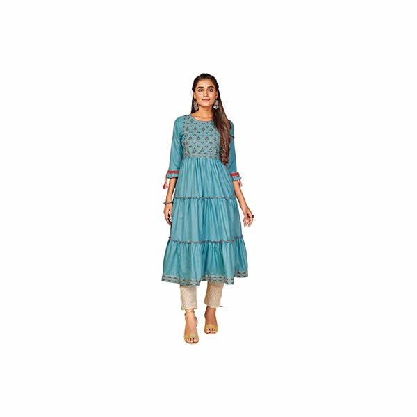 Women's Embroidered Anarkali Yarn Dyed Sky Blue Stitched Kurta
