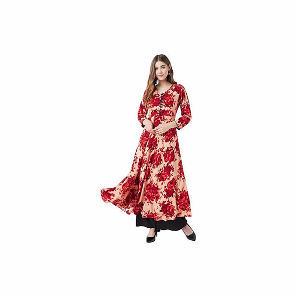 Women Beige & Red Floral Printed Kurta