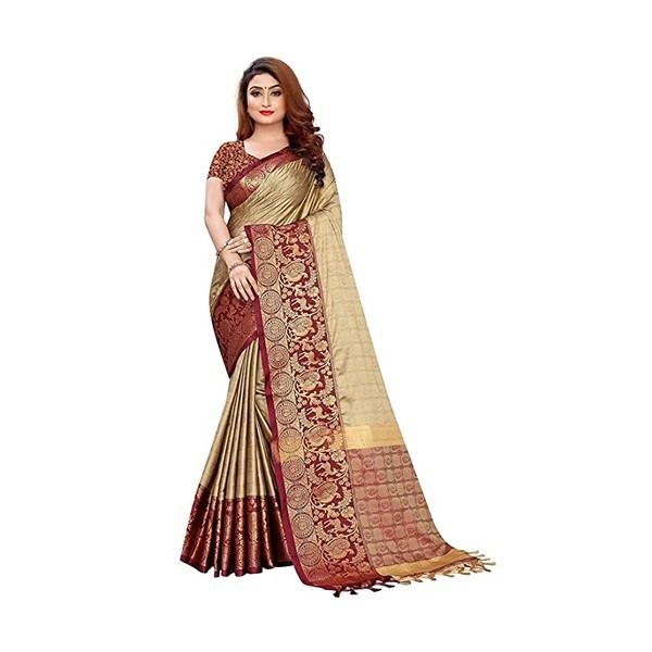 Velmita Women's Banarasi Cotton Silk Kanjivaram Style Saree With Blouse Piece