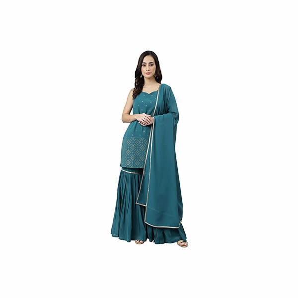 Women's Teal Georgette Embossed Gold Print Top with Gharara and Dupatta