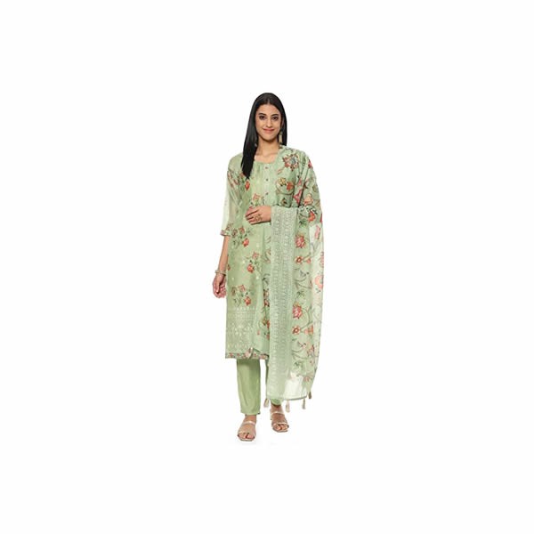 Women's Green Chanderi Machine Embroidered Unstitched Suit Set 0