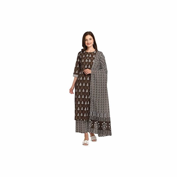 Women's Brown Straight Cotton Kurta with Palazzo and Dupatta