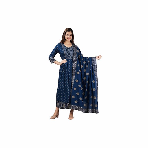 Women's Printed Anarkali Regular Rayon Kurta with Dupatta Set