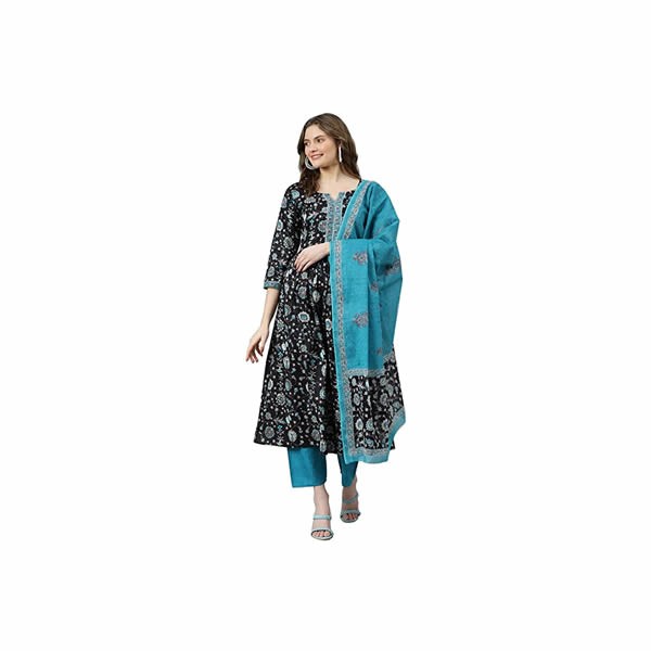 Women’s Cotton Readymade Salwar Suit Set. Printed Anarkali Flared Kurti Pant Dupatta Set Latest