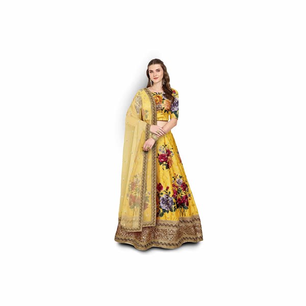 Women's Faux Silk Semi stitched Lehenga Choli (7019-Yellow_Yellow_Free Size)