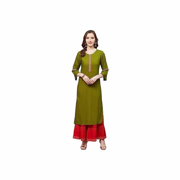Women's Size Rayon Slub Straight Kurta (Olive Green)