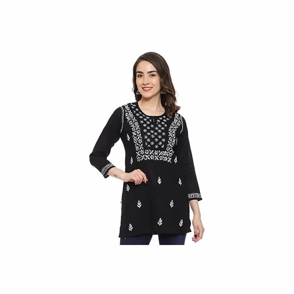 Women's Cotton Straight Top Tunic Lucknowi Hand Embroidered Chikankari Short Kurti A100131 Black