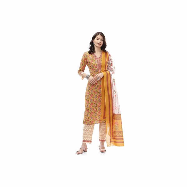Women's Yellow Cotton Unstitched Suit Set 00