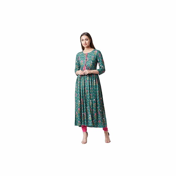 Women Green & Pink Floral Print Pleated Kurta