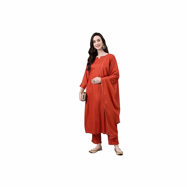 Women's Orange Rayon Striped Kurta with Pant and Dupatta
