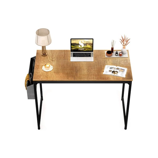 STAR WORK Metal Black Frame Modern Computer Desk Study Writing Table with Storage Bag and Hook for Home and Office (Natural, 30"H X32"WX19"D Inch)