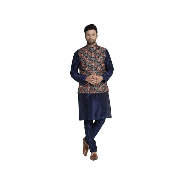 Benstoke Mens Dupion Silk Navy Kurta pajama with Multiclour Nehru jacket set